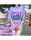 Gorące lato kobiety na co dzień T Shirt śmieszne chiński list topy kobiety Tshirt moda fioletowy Cartoon drukowane Oversize topy