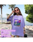 Gorące lato kobiety na co dzień T Shirt śmieszne chiński list topy kobiety Tshirt moda fioletowy Cartoon drukowane Oversize topy