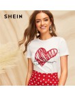 SHEIN pani proste okrągły dekolt graficzne druku biały T Shirt lato na co dzień minimalistyczny z krótkim rękawem list kobiety T