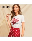 SHEIN pani proste okrągły dekolt graficzne druku biały T Shirt lato na co dzień minimalistyczny z krótkim rękawem list kobiety T