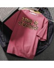 Hirsionsan koreański lato Leopard litery T Shirt kobiety 2019 lato luźne O-Neck krótki rękaw koszulki Harajuku Punk kobieta kosz