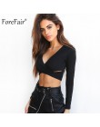 ForeFair Trend krzyż Sexy Crop Top kobiety 2018 Wrap Slim topy czarny biały jesień zima z długim rękawem T koszula kobiety