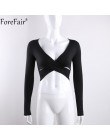 ForeFair Trend krzyż Sexy Crop Top kobiety 2018 Wrap Slim topy czarny biały jesień zima z długim rękawem T koszula kobiety