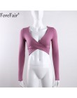 ForeFair Trend krzyż Sexy Crop Top kobiety 2018 Wrap Slim topy czarny biały jesień zima z długim rękawem T koszula kobiety