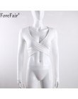 ForeFair Trend krzyż Sexy Crop Top kobiety 2018 Wrap Slim topy czarny biały jesień zima z długim rękawem T koszula kobiety