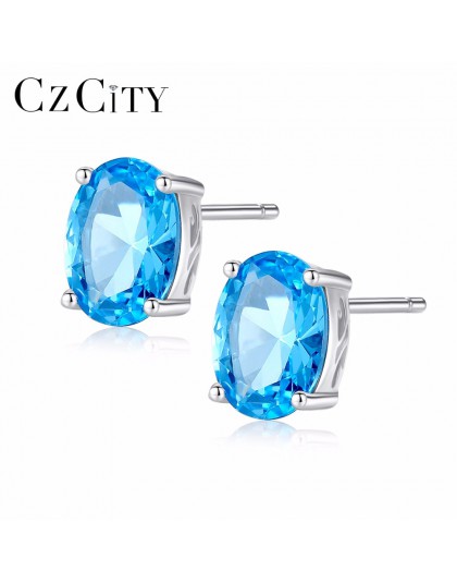 CZCITY Topaz kolczyki 1.8 Carat owalne błękitny Topaz Birthstone 925 Sterling Silver stadniny kolczyki dla kobiet biżuteria z ka