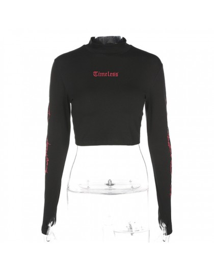 Weekeep mody z długim rękawem Gothic list drukuj przycięte t koszula 2018 jesień czarny stojak kołnierz Streetwear Crop Top tshi