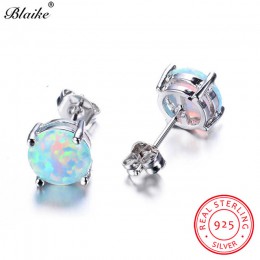 Blaike 100% 925 Sterling Silver biały ogień Opal stadniny kolczyki dla kobiet w porządku biżuteria 8 MM kamień okrągły szpilki B