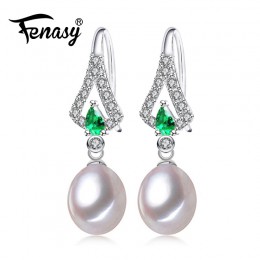 FENASY Emerald Freshwat kropla perła S925 Sterling Silver długie kolczyki czeski CZ zielony kryształ kolczyki dla kobiet prezent