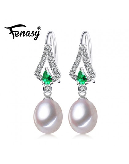 FENASY Emerald Freshwat kropla perła S925 Sterling Silver długie kolczyki czeski CZ zielony kryształ kolczyki dla kobiet prezent