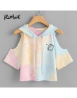 ROMWE otwórz ramię kolor wody z kapturem Tee koszula Multicolor 3/4 rękaw Tie Dye kobiety Top sznurkiem Casual Crop T Shirt