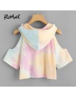 ROMWE otwórz ramię kolor wody z kapturem Tee koszula Multicolor 3/4 rękaw Tie Dye kobiety Top sznurkiem Casual Crop T Shirt