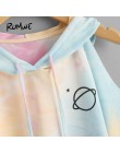 ROMWE otwórz ramię kolor wody z kapturem Tee koszula Multicolor 3/4 rękaw Tie Dye kobiety Top sznurkiem Casual Crop T Shirt