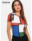 SHEIN geometryczny wzór kolor bloku Top Multicolor z krótkim rękawem wokół szyi Tee kobiety Raglan z długim rękawem Slim Fit swe