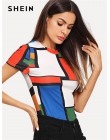 SHEIN geometryczny wzór kolor bloku Top Multicolor z krótkim rękawem wokół szyi Tee kobiety Raglan z długim rękawem Slim Fit swe