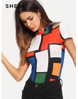 SHEIN geometryczny wzór kolor bloku Top Multicolor z krótkim rękawem wokół szyi Tee kobiety Raglan z długim rękawem Slim Fit swe