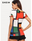 SHEIN geometryczny wzór kolor bloku Top Multicolor z krótkim rękawem wokół szyi Tee kobiety Raglan z długim rękawem Slim Fit swe