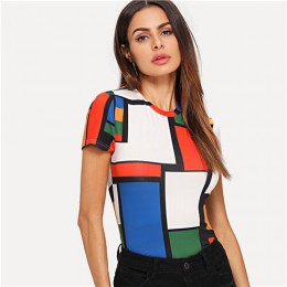 SHEIN geometryczny wzór kolor bloku Top Multicolor z krótkim rękawem wokół szyi Tee kobiety Raglan z długim rękawem Slim Fit swe