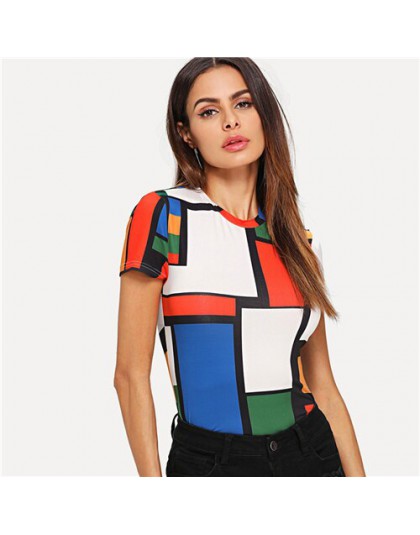 SHEIN geometryczny wzór kolor bloku Top Multicolor z krótkim rękawem wokół szyi Tee kobiety Raglan z długim rękawem Slim Fit swe