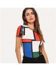 SHEIN geometryczny wzór kolor bloku Top Multicolor z krótkim rękawem wokół szyi Tee kobiety Raglan z długim rękawem Slim Fit swe