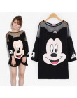 Kobiet czarny T koszula mesh patchwork długi t shirt mickey cartoon drukuj letnie koszulki z krótkim rękawem topy runway femme t