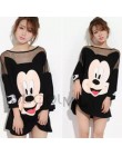 Kobiet czarny T koszula mesh patchwork długi t shirt mickey cartoon drukuj letnie koszulki z krótkim rękawem topy runway femme t