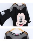 Kobiet czarny T koszula mesh patchwork długi t shirt mickey cartoon drukuj letnie koszulki z krótkim rękawem topy runway femme t