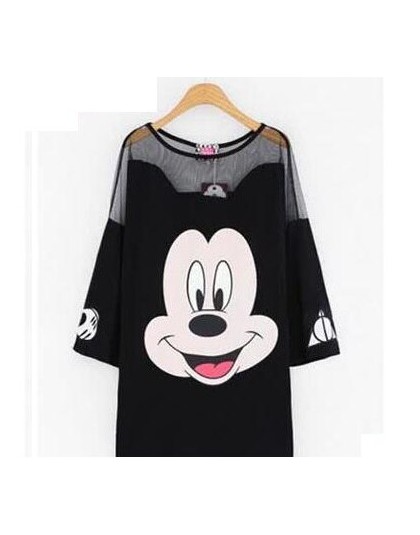 Kobiet czarny T koszula mesh patchwork długi t shirt mickey cartoon drukuj letnie koszulki z krótkim rękawem topy runway femme t