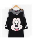 Kobiet czarny T koszula mesh patchwork długi t shirt mickey cartoon drukuj letnie koszulki z krótkim rękawem topy runway femme t