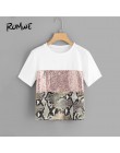 ROMWE kontrast cekiny Panel Tee 2019 eleganckie kobiety wokół szyi ubrania T Shirt Chic Streetwear lato z krótkim rękawem T Shir