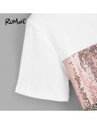 ROMWE kontrast cekiny Panel Tee 2019 eleganckie kobiety wokół szyi ubrania T Shirt Chic Streetwear lato z krótkim rękawem T Shir