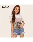 ROMWE kontrast cekiny Panel Tee 2019 eleganckie kobiety wokół szyi ubrania T Shirt Chic Streetwear lato z krótkim rękawem T Shir