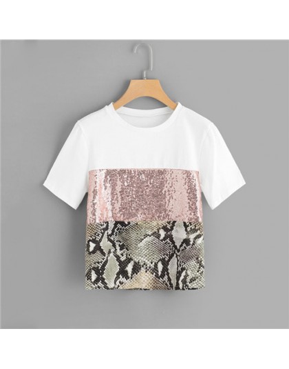 ROMWE kontrast cekiny Panel Tee 2019 eleganckie kobiety wokół szyi ubrania T Shirt Chic Streetwear lato z krótkim rękawem T Shir