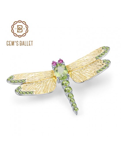 GEM'S balet 1.13Ct naturalny zielony Peridot kamień broszka 925 Sterling silver Handmade Dragonfly broszki dla kobiet sukienki