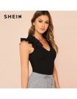 SHEIN czarna elegancka Sexy wzburzyć wykończenia bez rękawów żebra dzianiny V Neck Tee lato kobiety, które warto luźna koszulka 