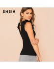 SHEIN czarna elegancka Sexy wzburzyć wykończenia bez rękawów żebra dzianiny V Neck Tee lato kobiety, które warto luźna koszulka 