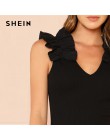 SHEIN czarna elegancka Sexy wzburzyć wykończenia bez rękawów żebra dzianiny V Neck Tee lato kobiety, które warto luźna koszulka 