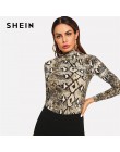 SHEIN Multicolor elegancka pani urząd wysokiej szyi wężowej druku Skinny z długim rękawem Tee jesień odzież robocza damska Tshir