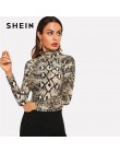 SHEIN Multicolor elegancka pani urząd wysokiej szyi wężowej druku Skinny z długim rękawem Tee jesień odzież robocza damska Tshir