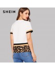 SHEIN wielokolorowe blok kolorów Leopard Print Tee kobiety Slim dopasowany t-shirt lato rozciągliwy okrągły dekolt wiosna Tee to