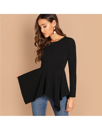 SHEIN czarny asymetryczny Hem Peplum Tee elegancki zwykły z długim rękawem wokół szyi topy kobiety jesień minimalistyczna odzież