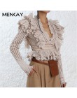 [MENKAY] wiosna jesień ZIM Hollow Out V Neck Ruffles łączone topy kobiety 2019 nowy