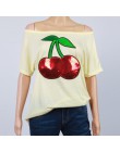 Lato Sexy Off ramię koszulka top kobiety T koszula cekiny Cherry aplikacja koszulki topy Plus rozmiar 5XL koszulkę Femme WS9079M