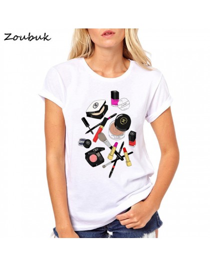 2018 nowy perfumy szminka lakier do paznokci drukowane t shirt kobiety mody makijaż koszulkę femme tshirt lato topy hipster tees