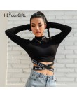 HEYounGIRL Patchwork z długim rękawem Crop Top bandaż czarny T koszula kobiety Hollow Out list wydrukowano Tshirt Casual Harajuk