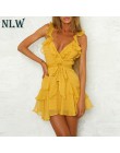 NLW głębokie V Neck żółty Sexy sukienka wzburzyć łuk kobiet sukienka zielony solidny nieformalny czeski plaża sukienka Vestidos